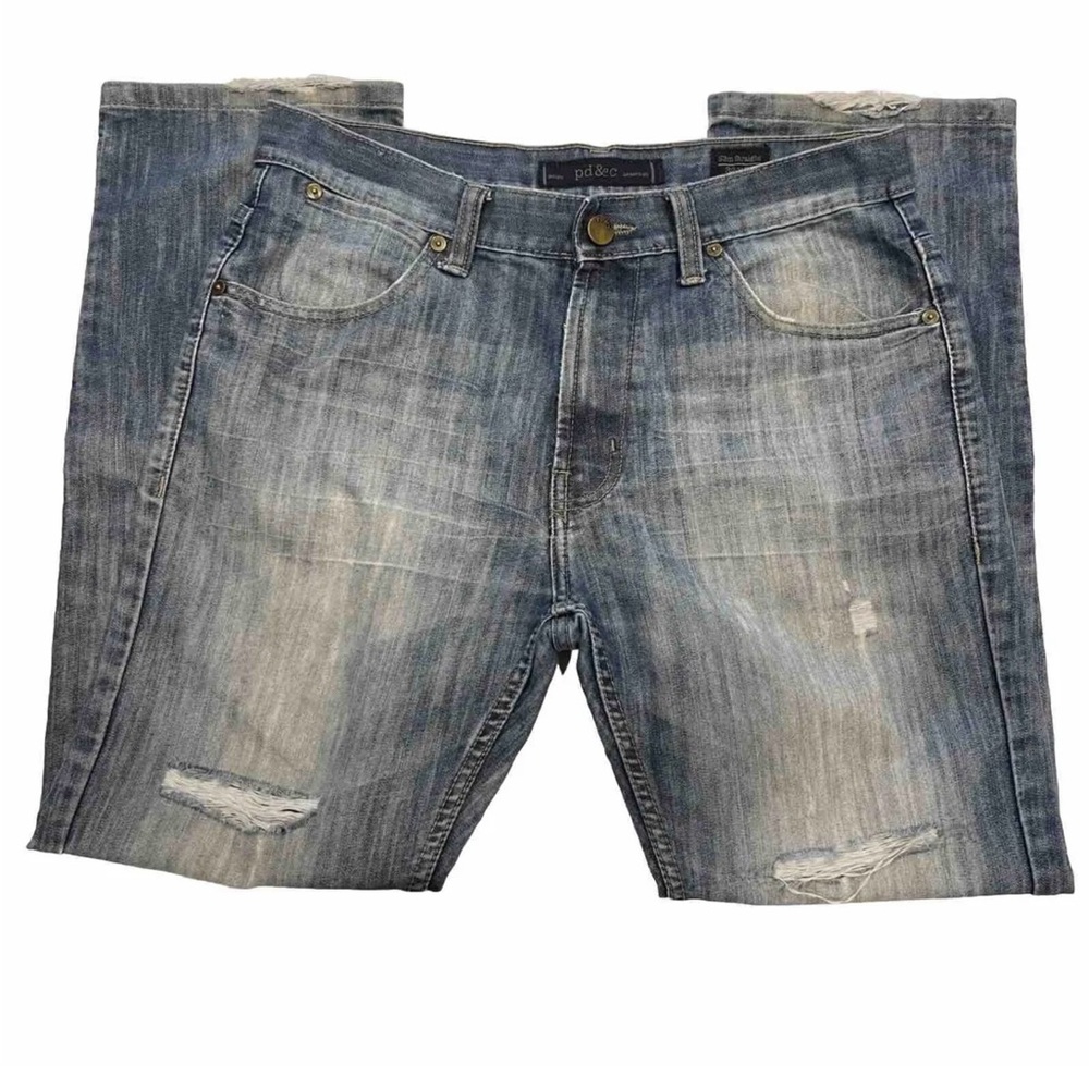 PD&C Jeans Mens 32x30 Medium Wash Distressed Slim Straight Whiskered Blu…